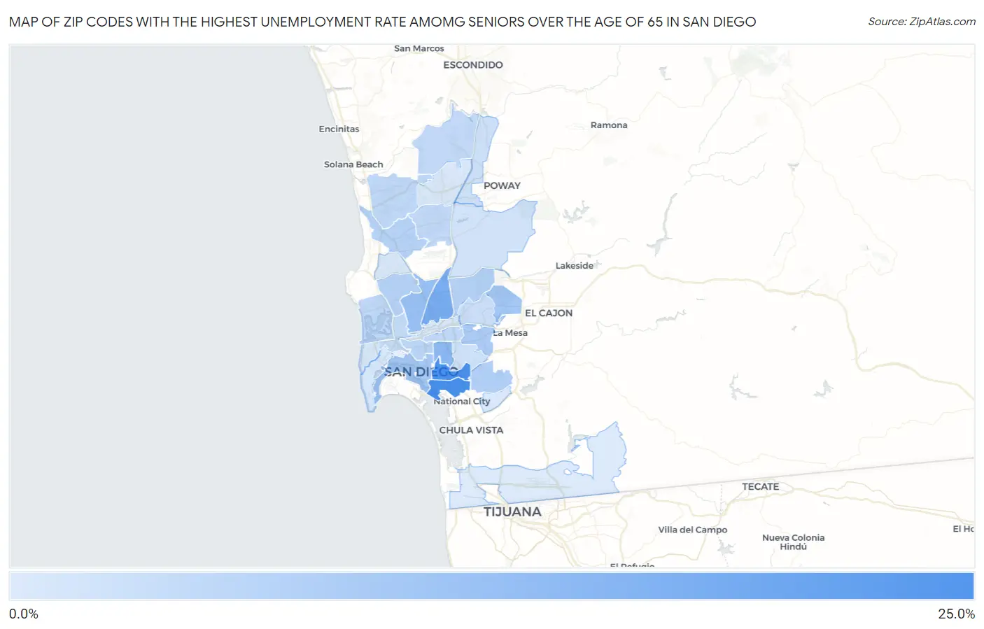 Zip Codes with the Highest Unemployment Rate Amomg Seniors Over the Age of 65 in San Diego Map
