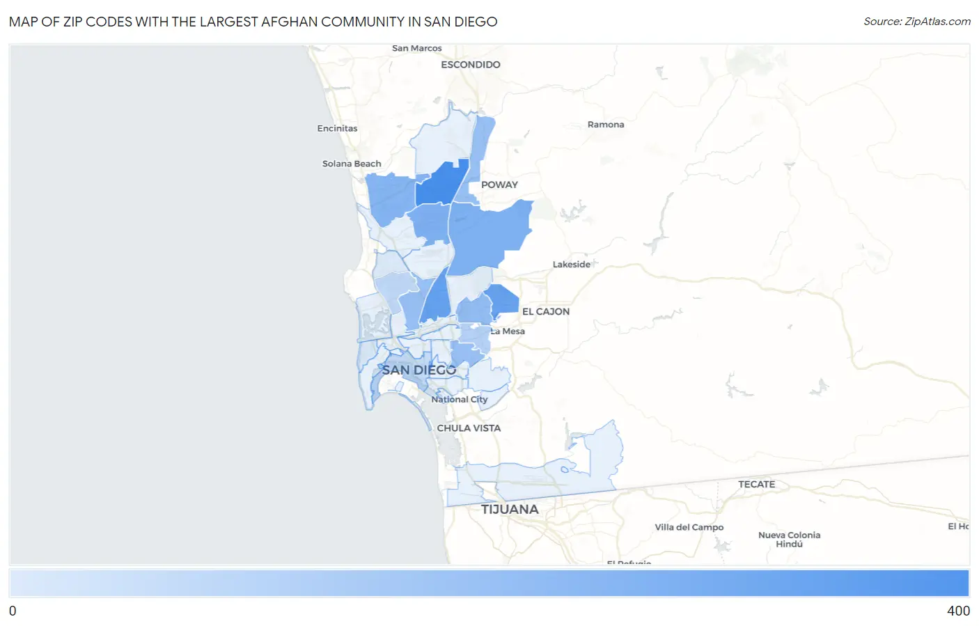 Zip Codes with the Largest Afghan Community in San Diego Map