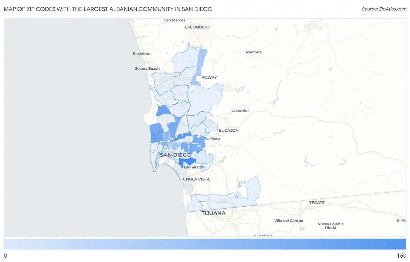 Zip Codes with the Largest Albanian Community in San Diego Map