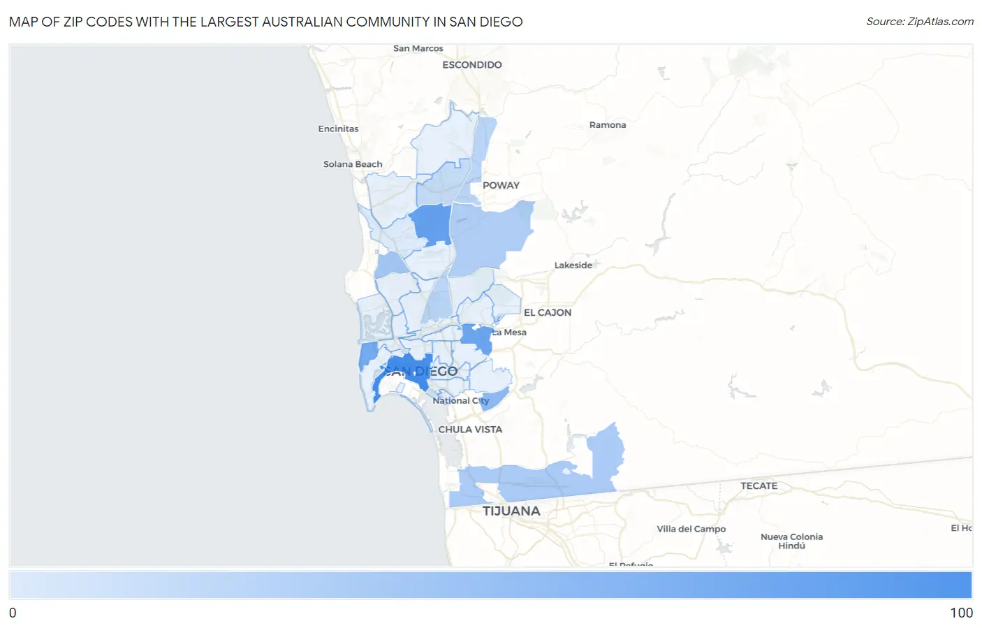 Zip Codes with the Largest Australian Community in San Diego Map