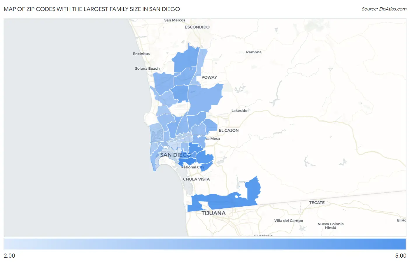 Zip Codes with the Largest Family Size in San Diego Map