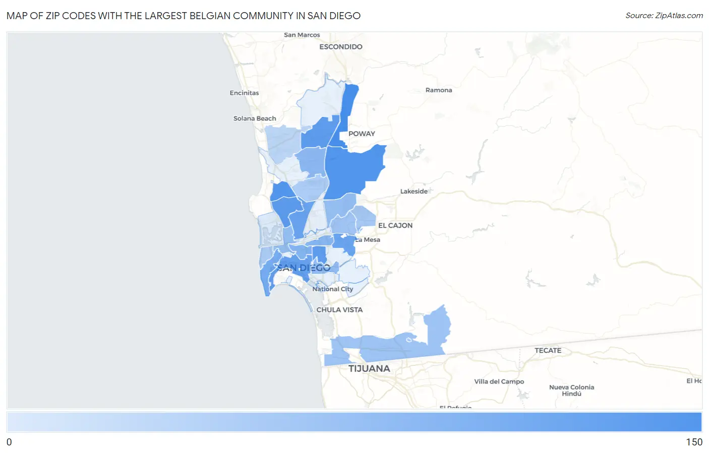 Zip Codes with the Largest Belgian Community in San Diego Map