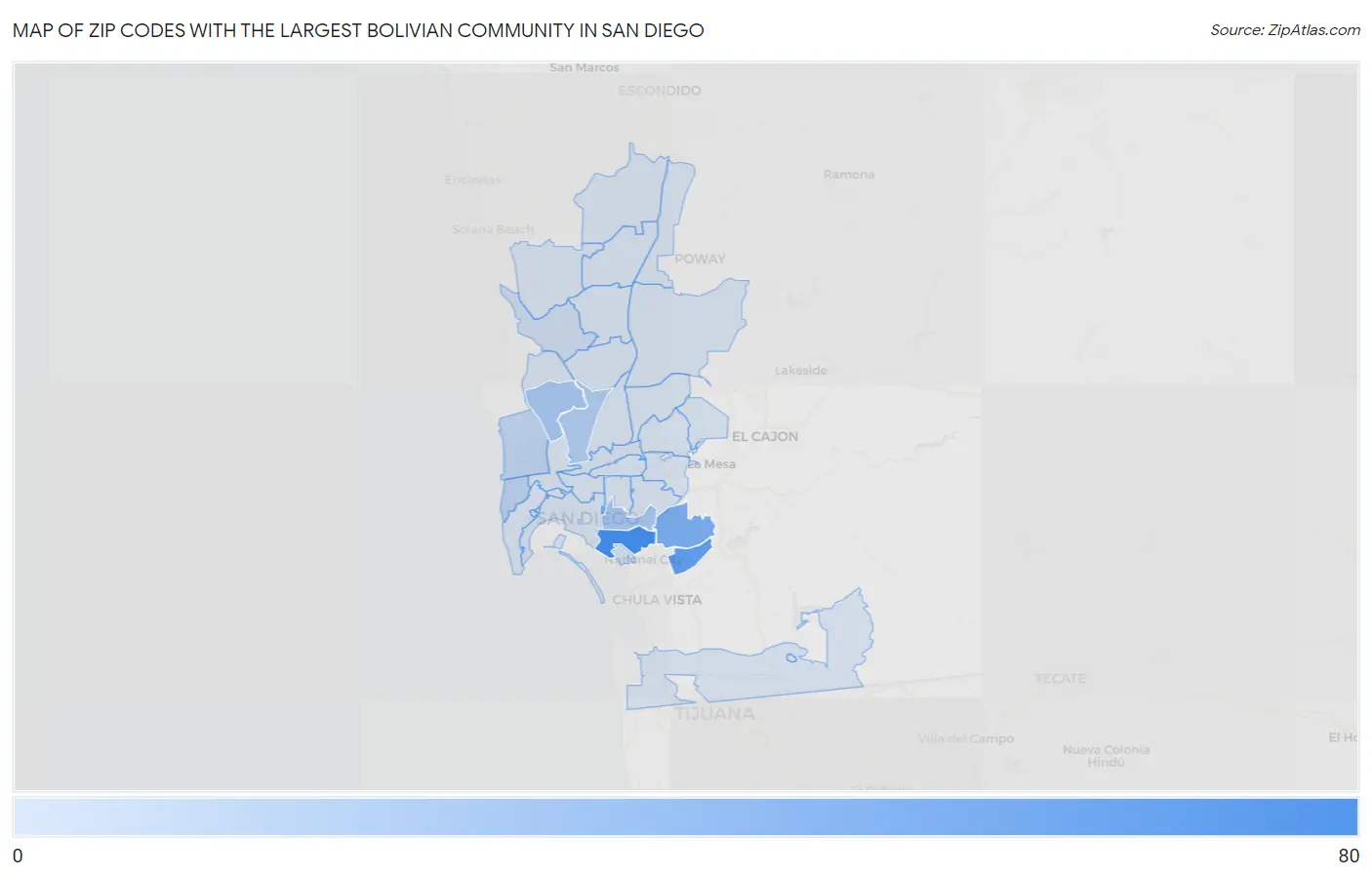 Zip Codes with the Largest Bolivian Community in San Diego Map