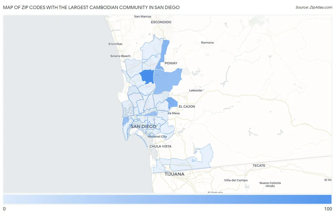 Zip Codes with the Largest Cambodian Community in San Diego Map