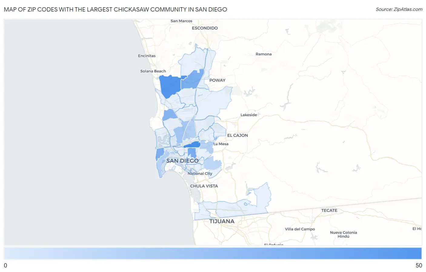 Zip Codes with the Largest Chickasaw Community in San Diego Map