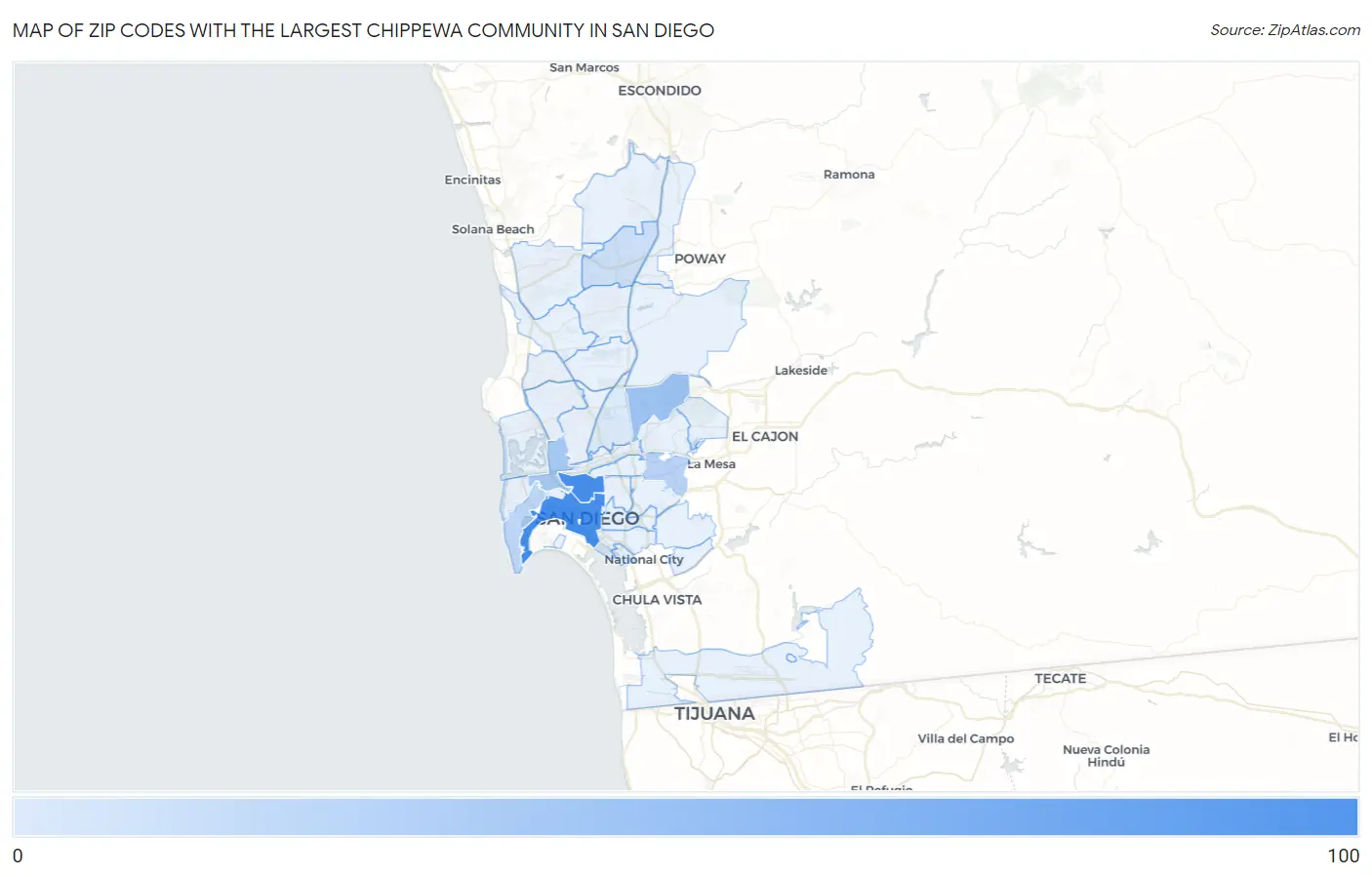 Zip Codes with the Largest Chippewa Community in San Diego Map