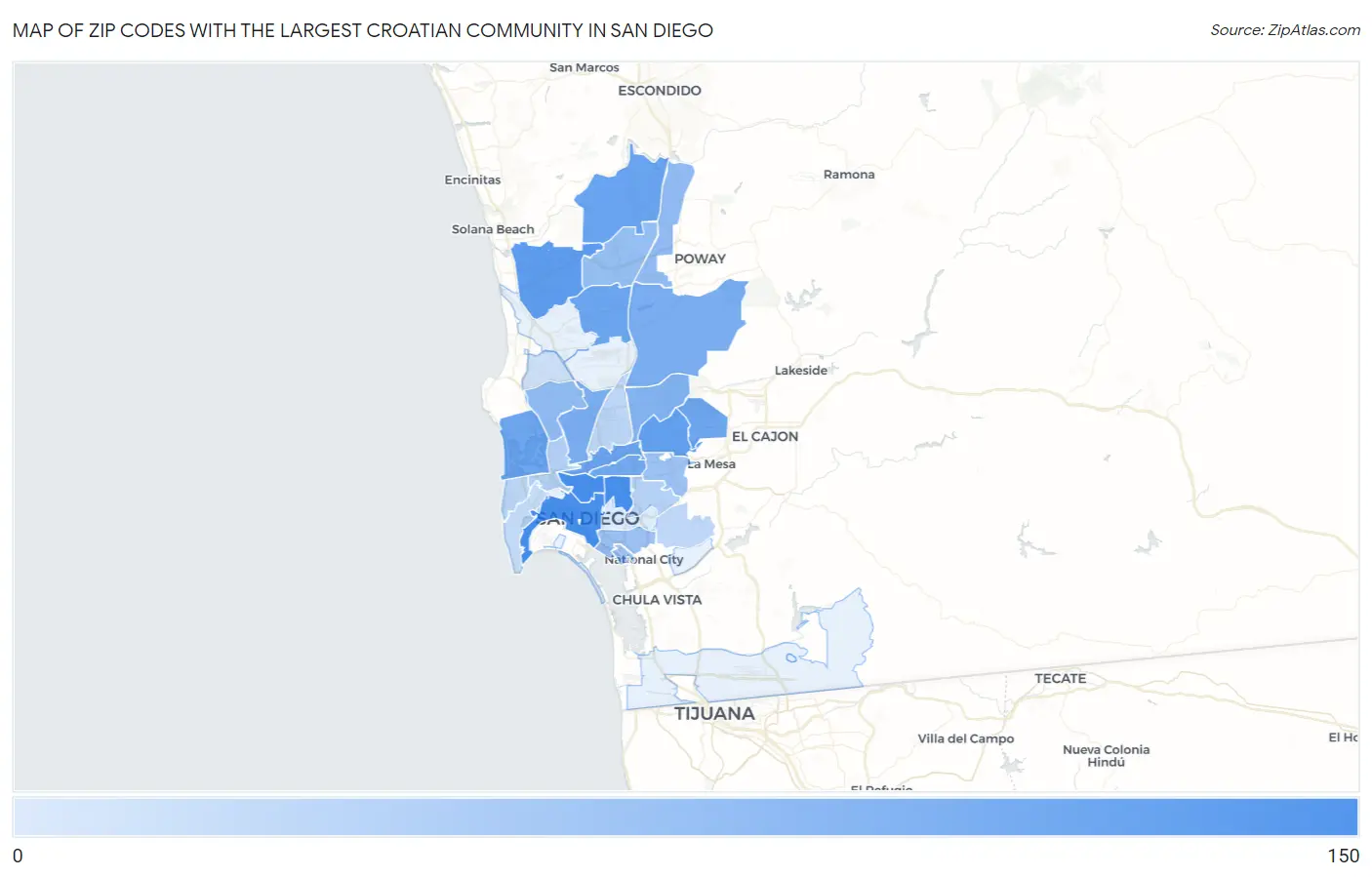Zip Codes with the Largest Croatian Community in San Diego Map