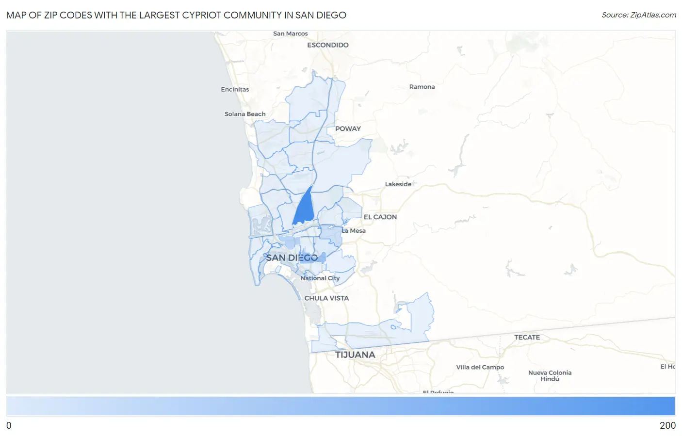 Zip Codes with the Largest Cypriot Community in San Diego Map