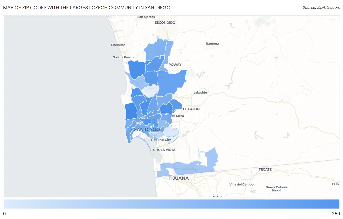 Zip Codes with the Largest Czech Community in San Diego Map