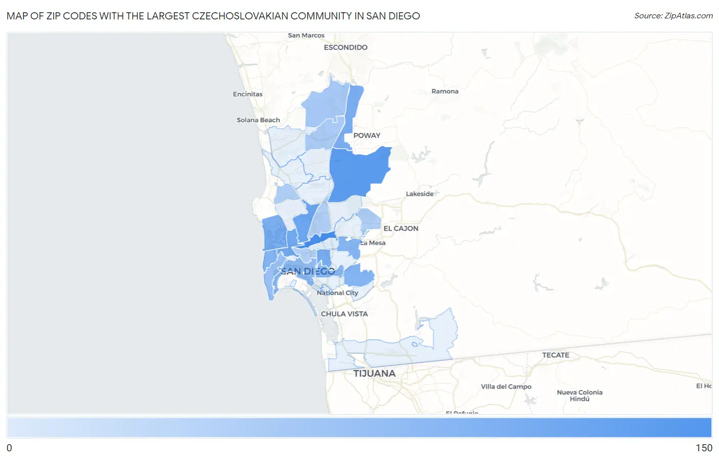 Zip Codes with the Largest Czechoslovakian Community in San Diego Map