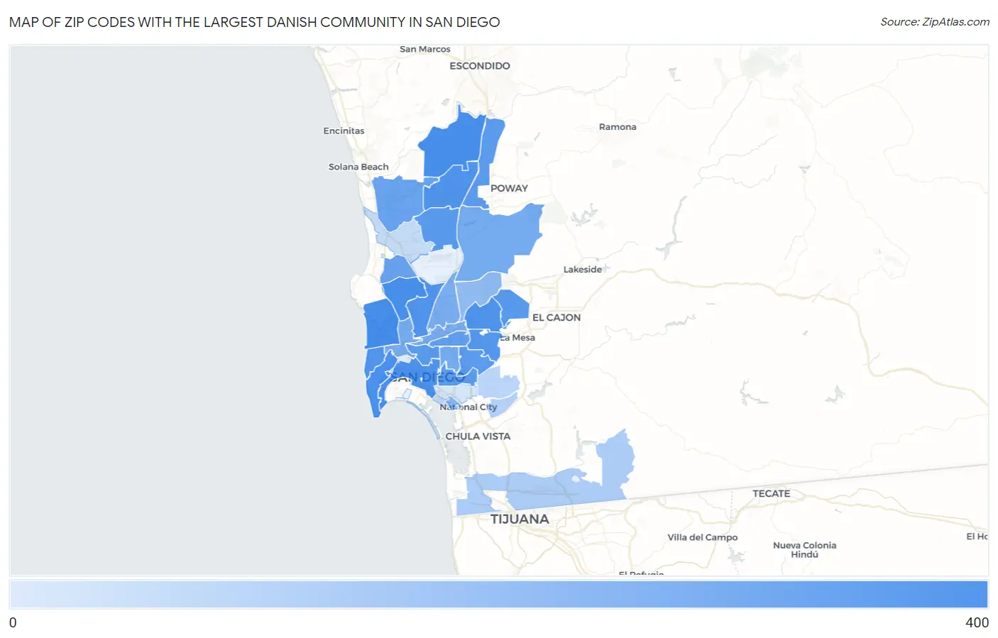 Zip Codes with the Largest Danish Community in San Diego Map