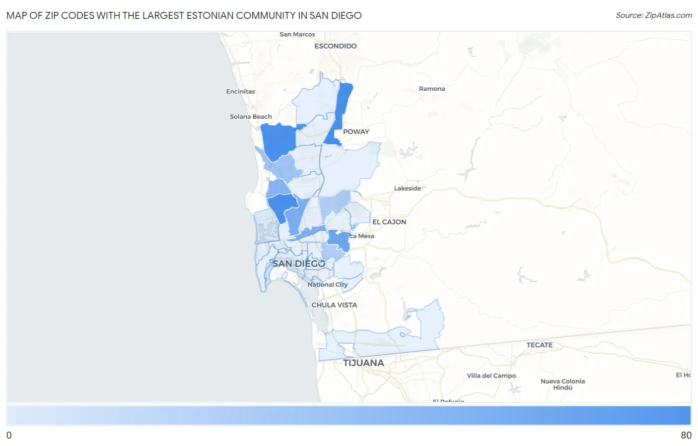Zip Codes with the Largest Estonian Community in San Diego Map