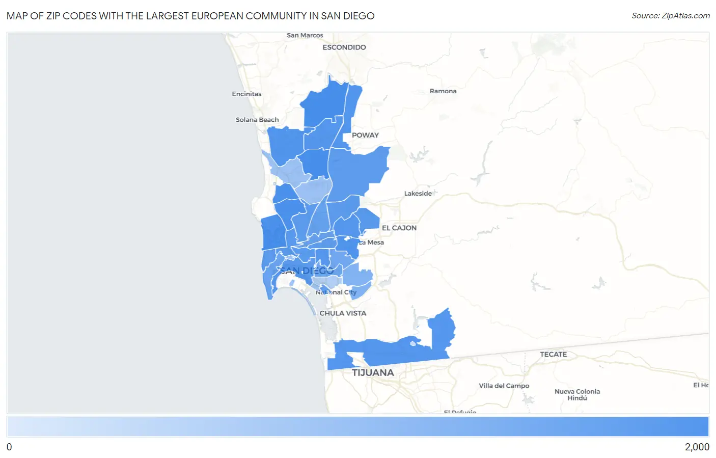 Zip Codes with the Largest European Community in San Diego Map