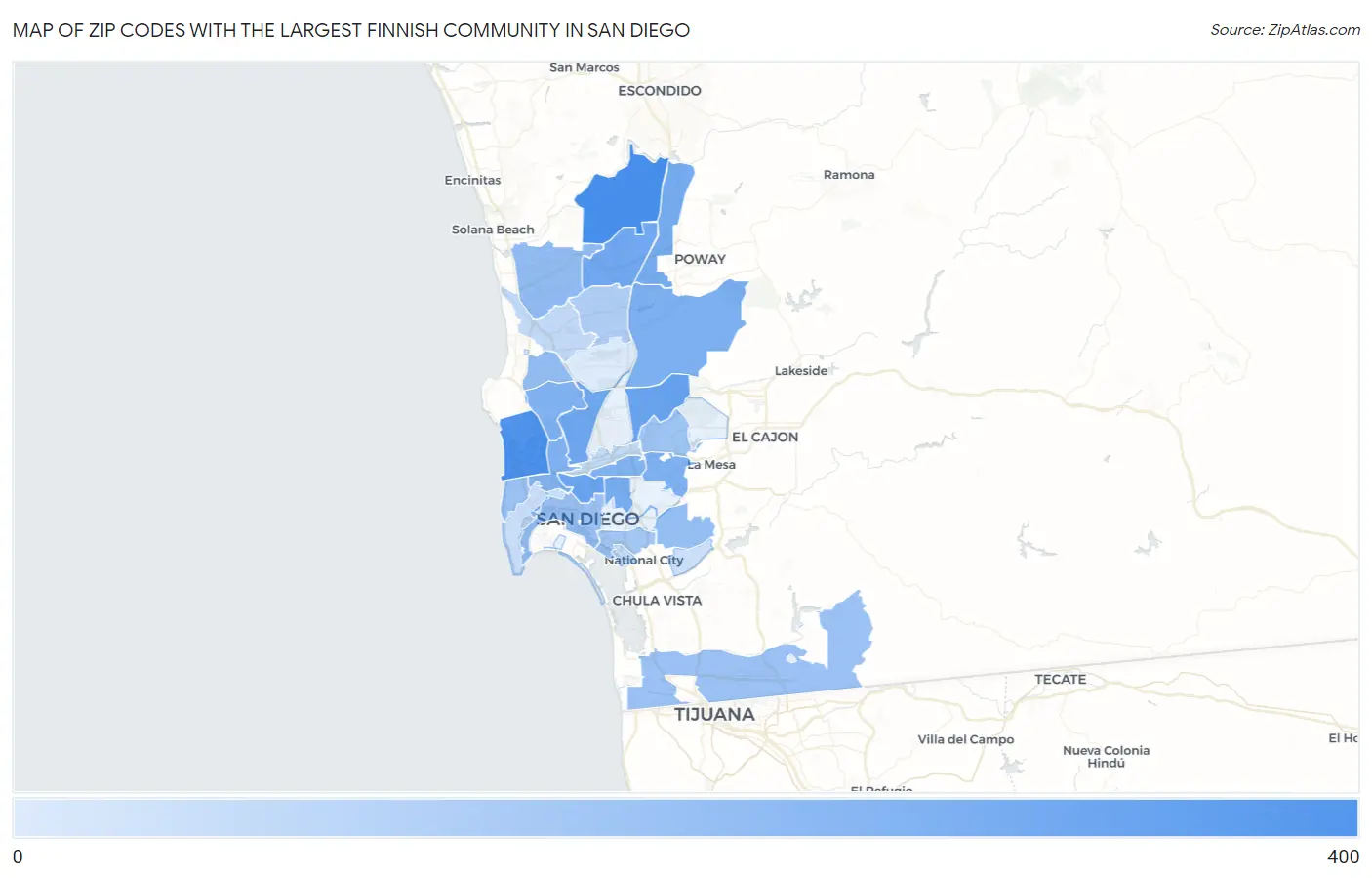 Zip Codes with the Largest Finnish Community in San Diego Map
