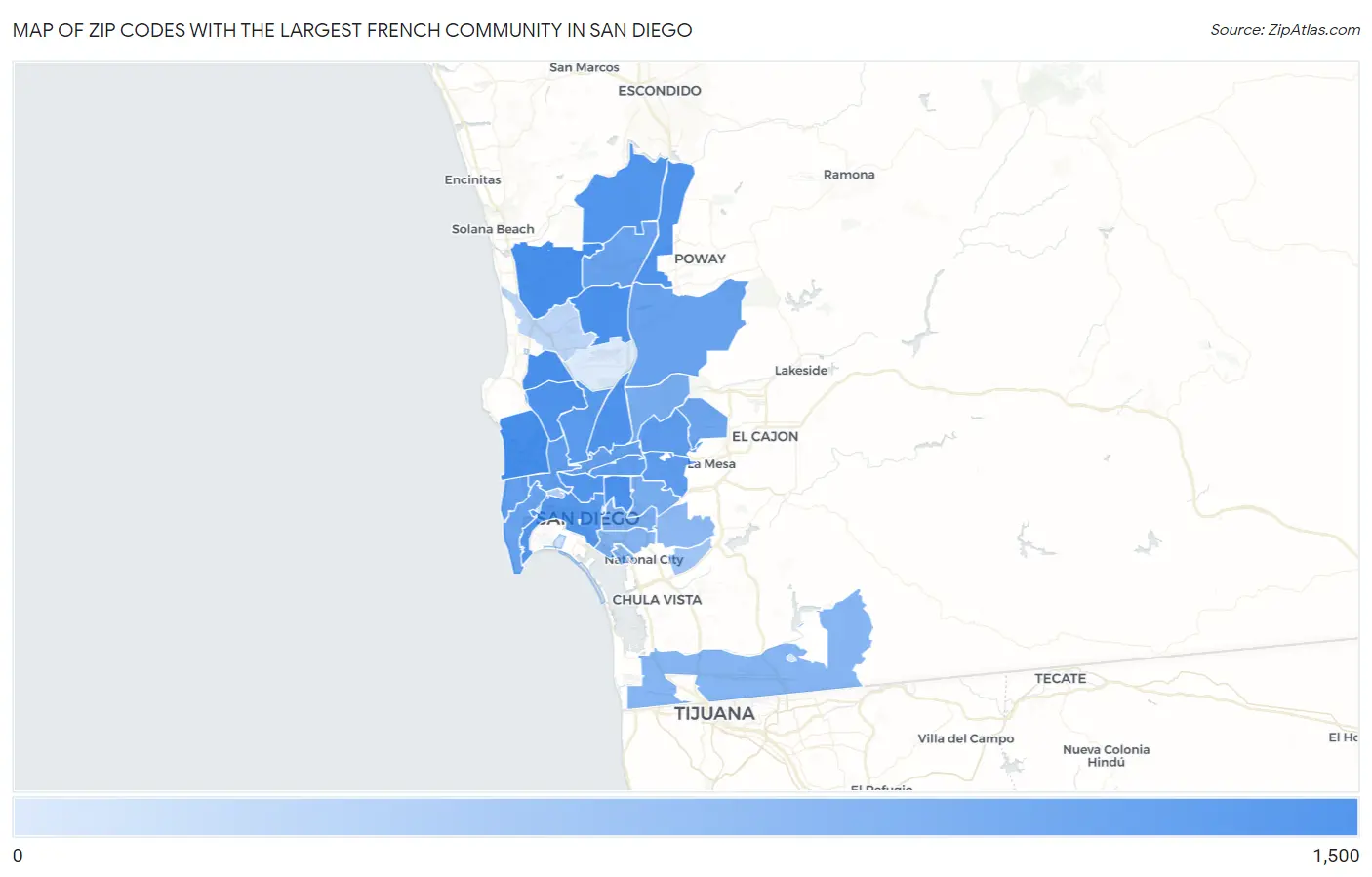 Zip Codes with the Largest French Community in San Diego Map
