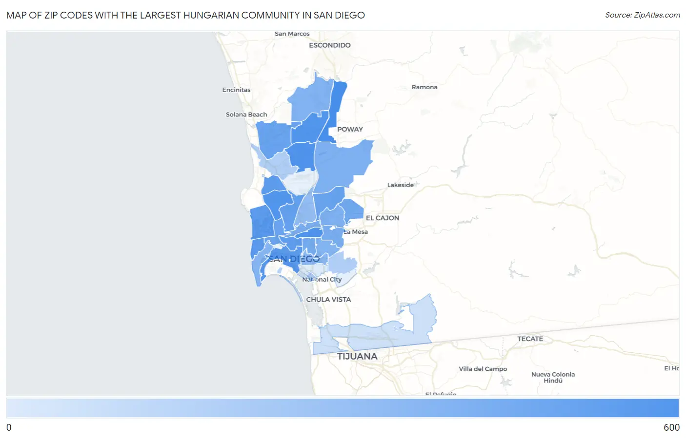 Zip Codes with the Largest Hungarian Community in San Diego Map