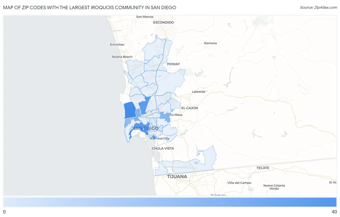 Zip Codes with the Largest Iroquois Community in San Diego Map