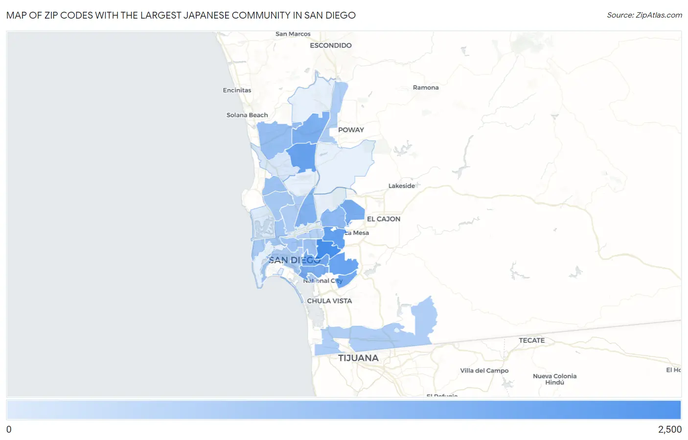 Zip Codes with the Largest Japanese Community in San Diego Map