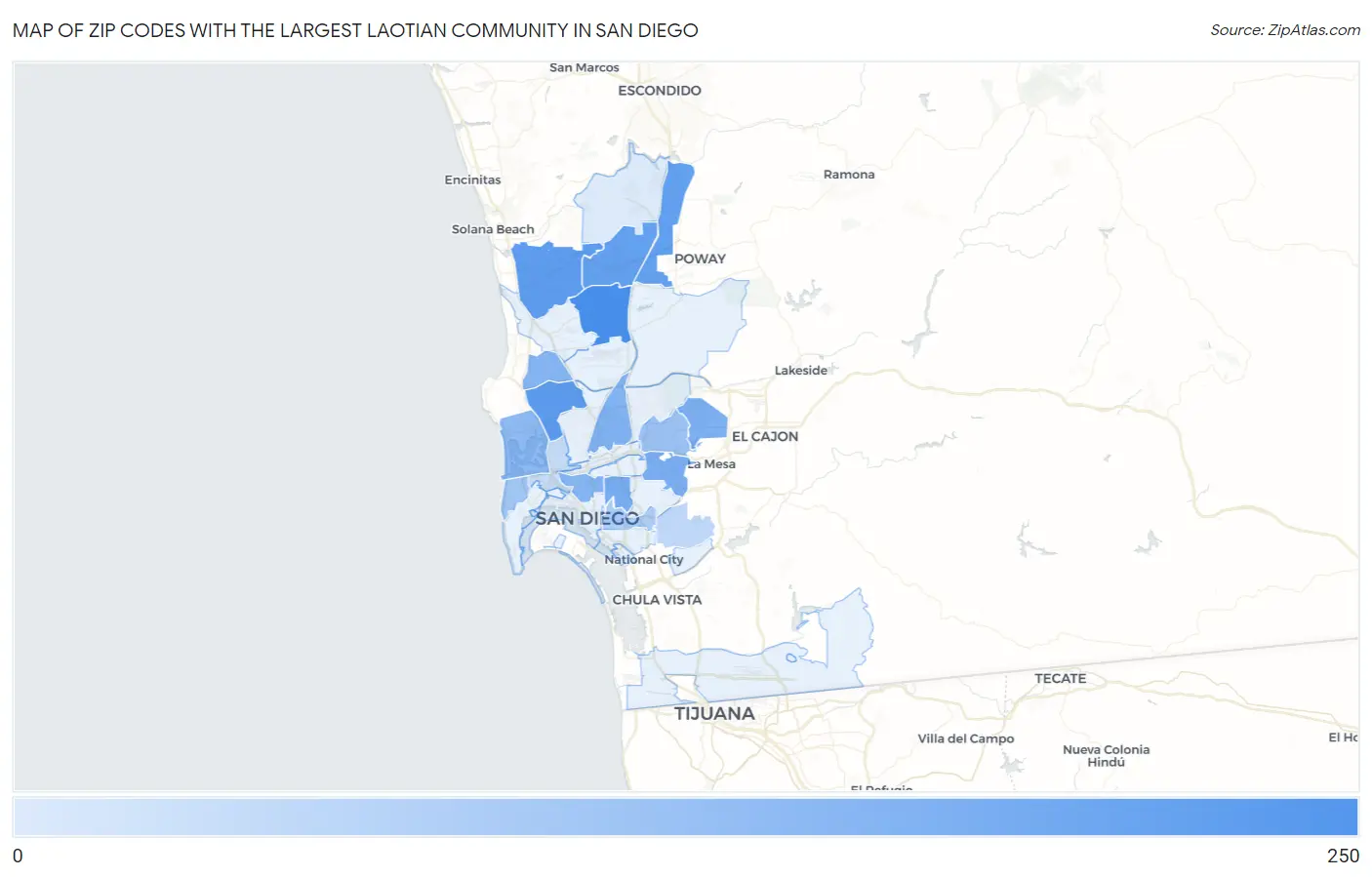 Zip Codes with the Largest Laotian Community in San Diego Map