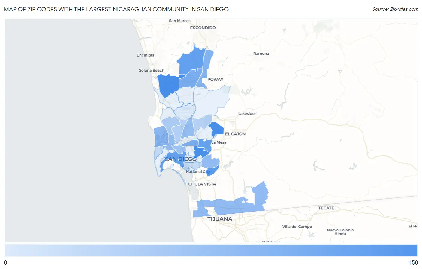 Zip Codes with the Largest Nicaraguan Community in San Diego Map