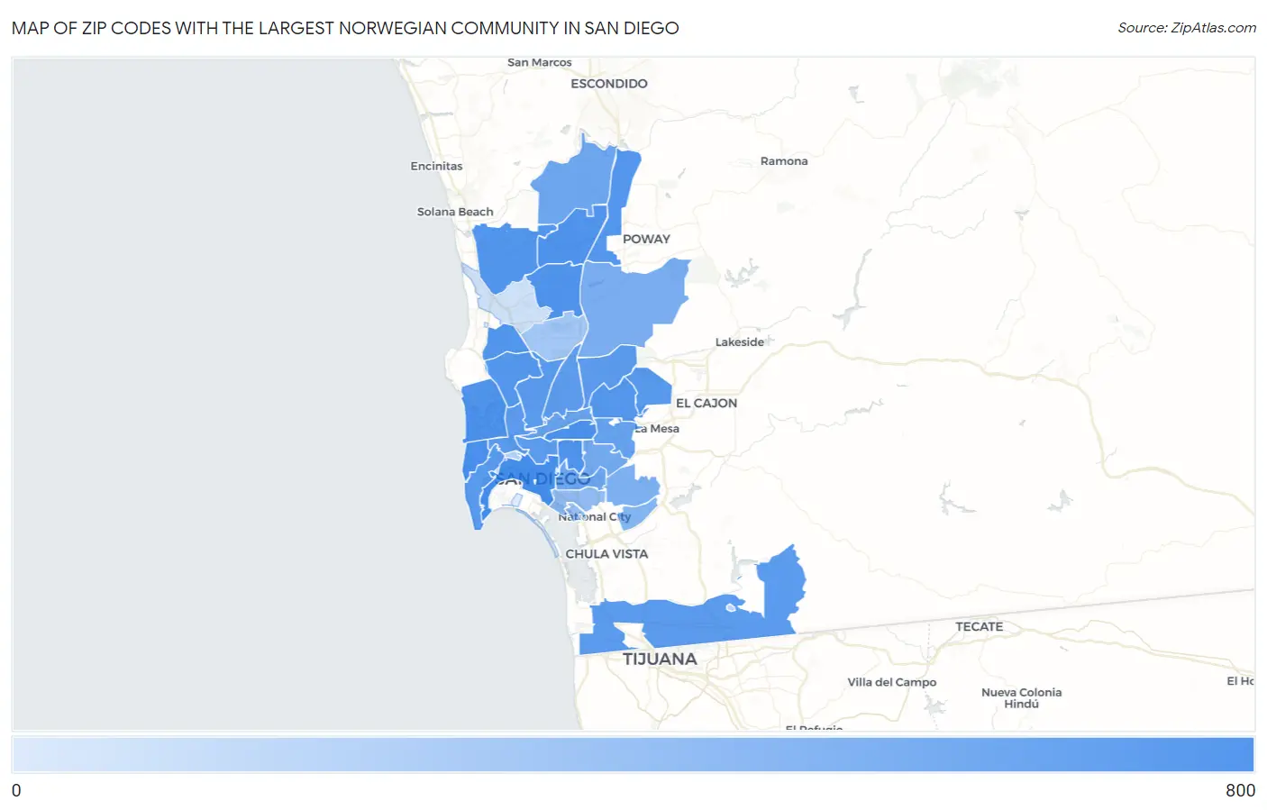 Zip Codes with the Largest Norwegian Community in San Diego Map