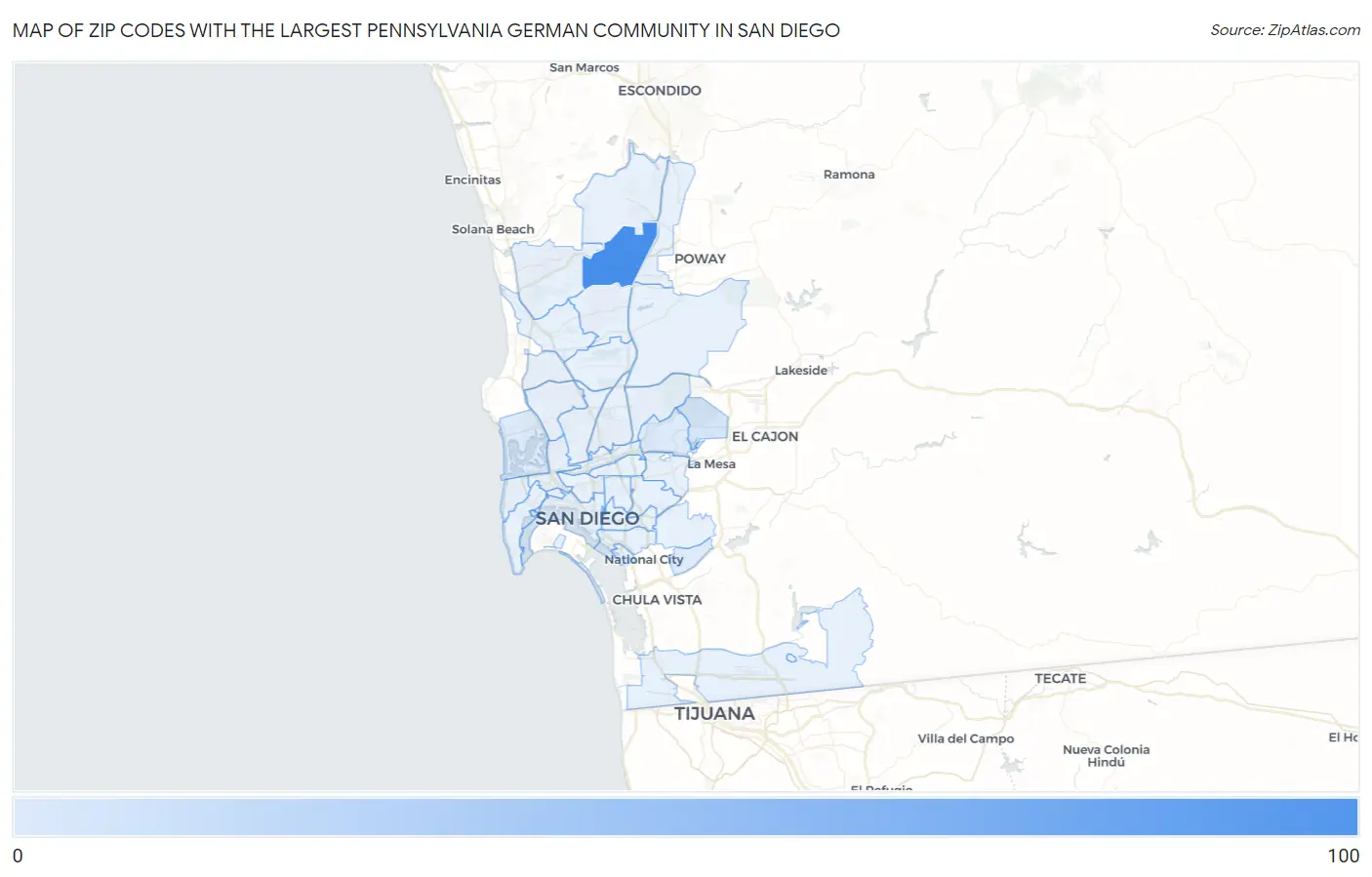Zip Codes with the Largest Pennsylvania German Community in San Diego Map