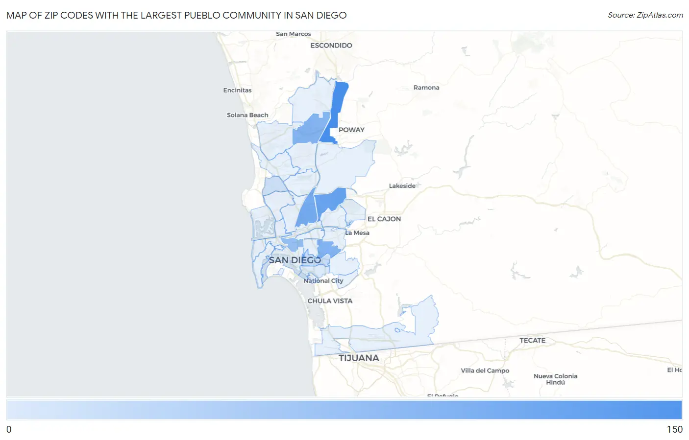 Zip Codes with the Largest Pueblo Community in San Diego Map