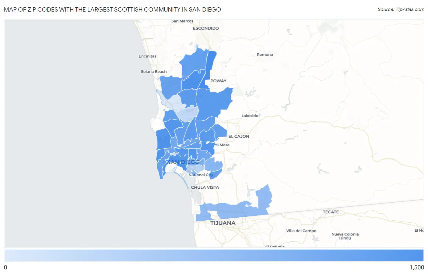 Zip Codes with the Largest Scottish Community in San Diego Map