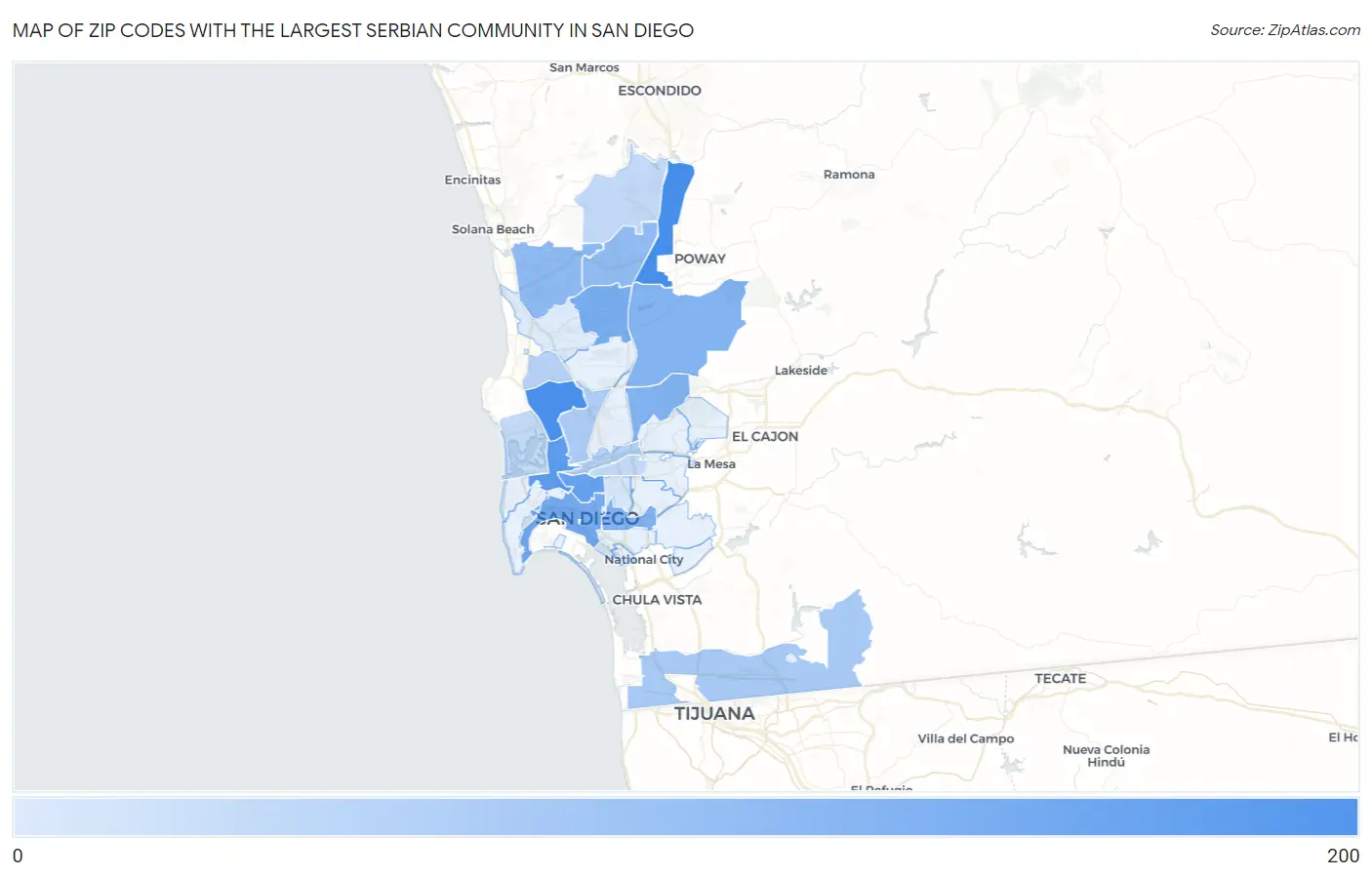 Zip Codes with the Largest Serbian Community in San Diego Map