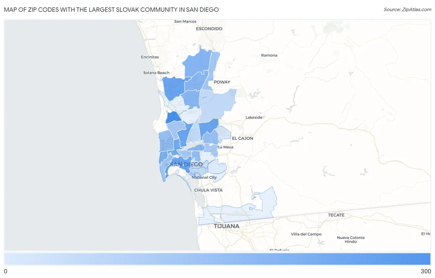 Zip Codes with the Largest Slovak Community in San Diego Map