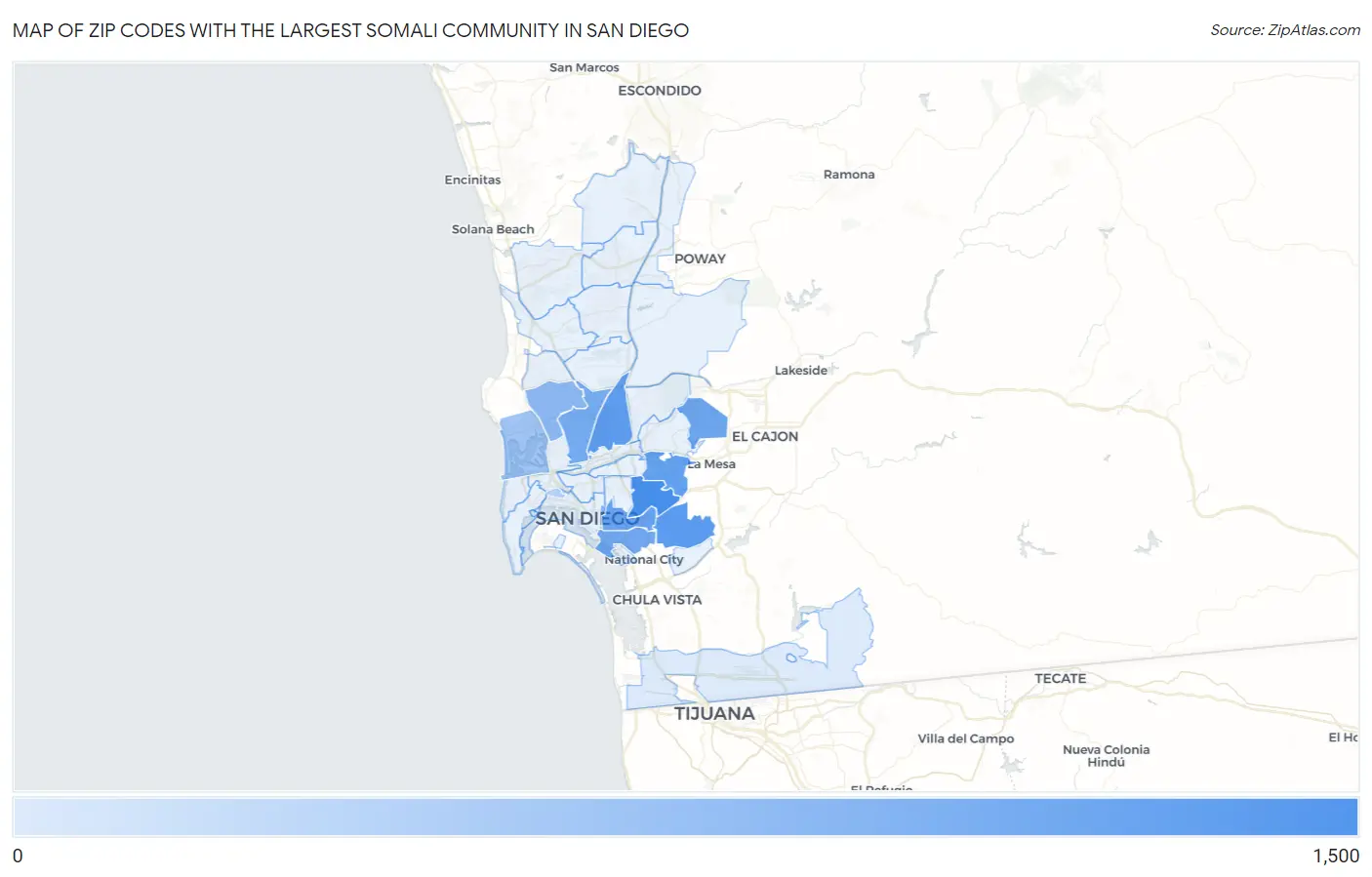 Zip Codes with the Largest Somali Community in San Diego Map