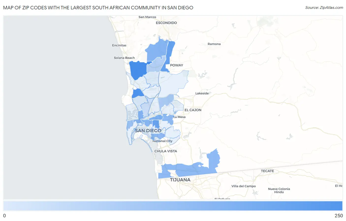 Zip Codes with the Largest South African Community in San Diego Map