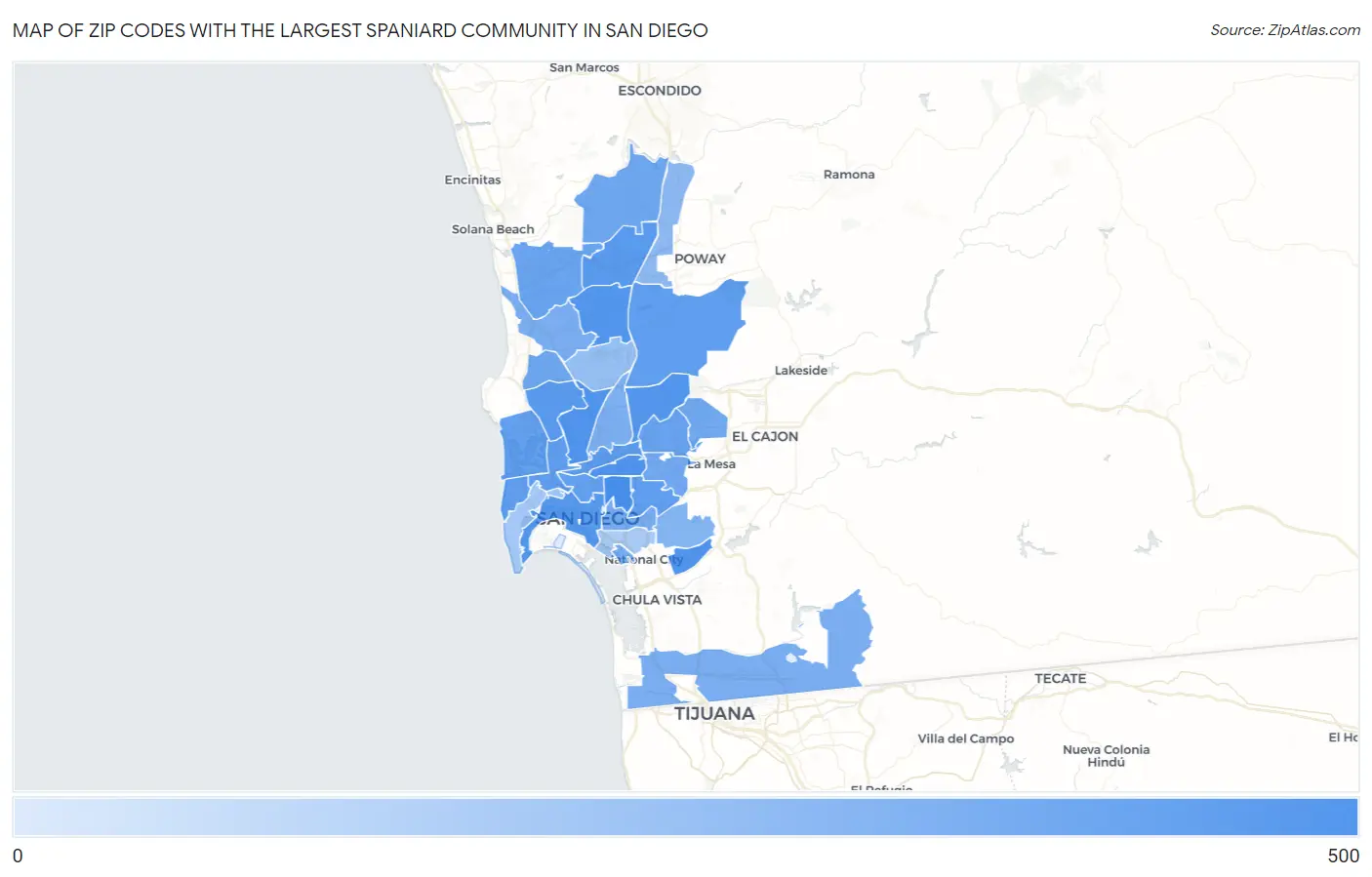 Zip Codes with the Largest Spaniard Community in San Diego Map