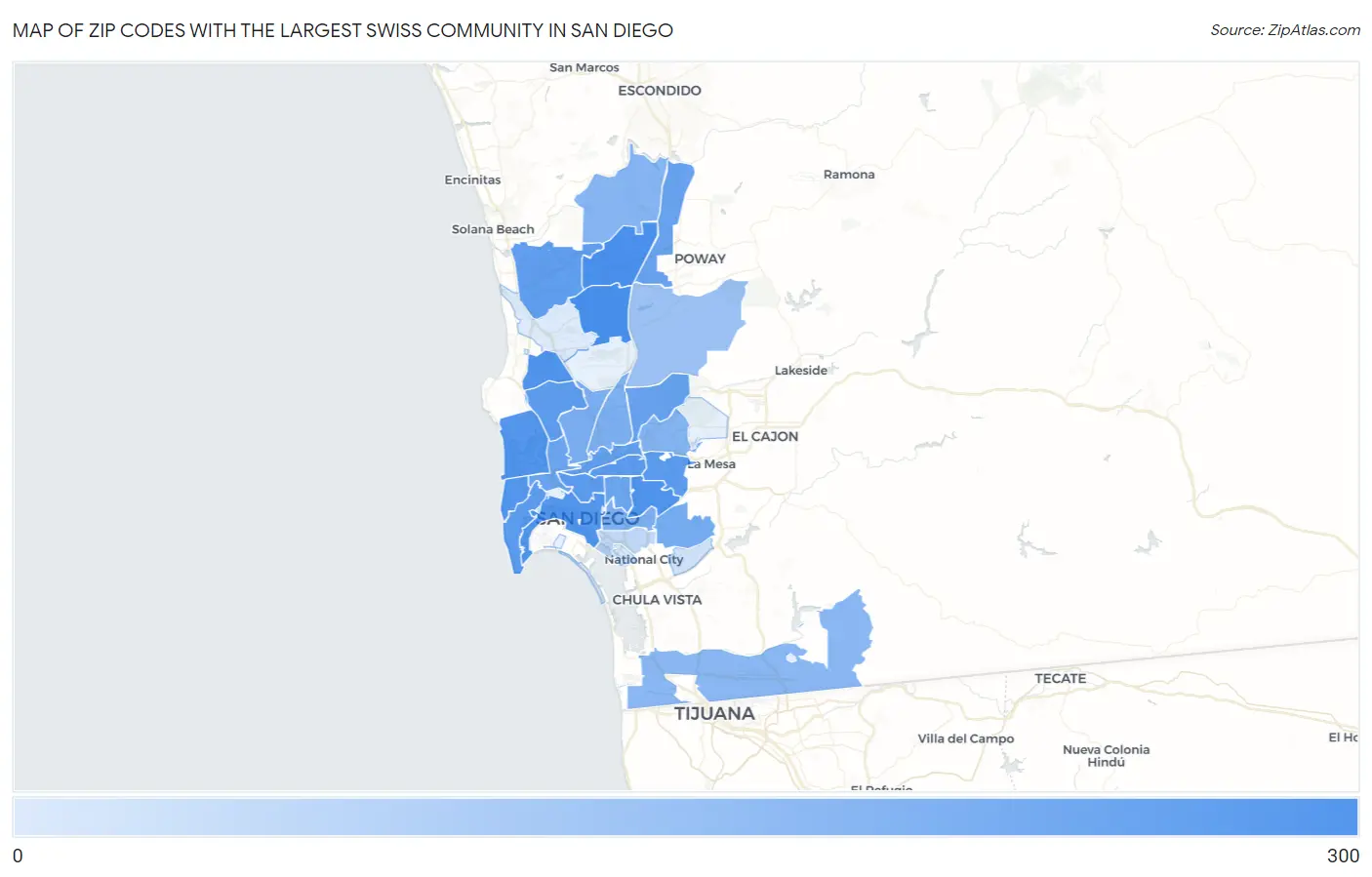 Zip Codes with the Largest Swiss Community in San Diego Map