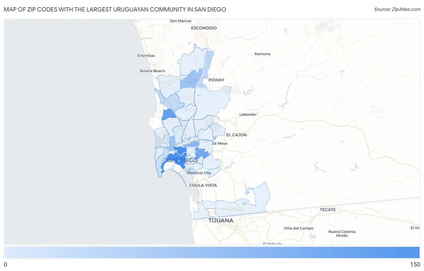 Zip Codes with the Largest Uruguayan Community in San Diego Map