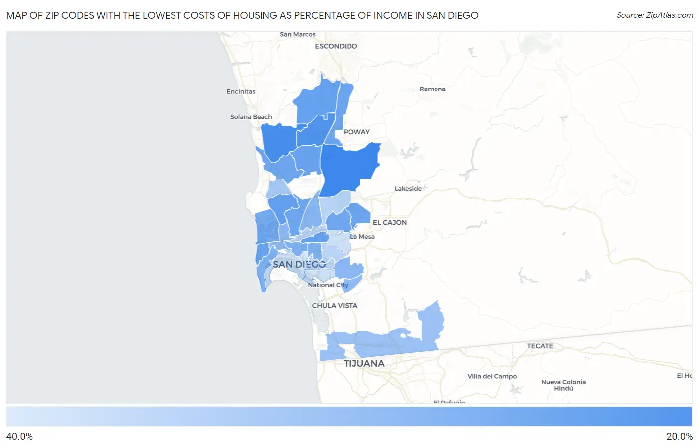Zip Codes with the Lowest Costs of Housing as Percentage of Income in San Diego Map