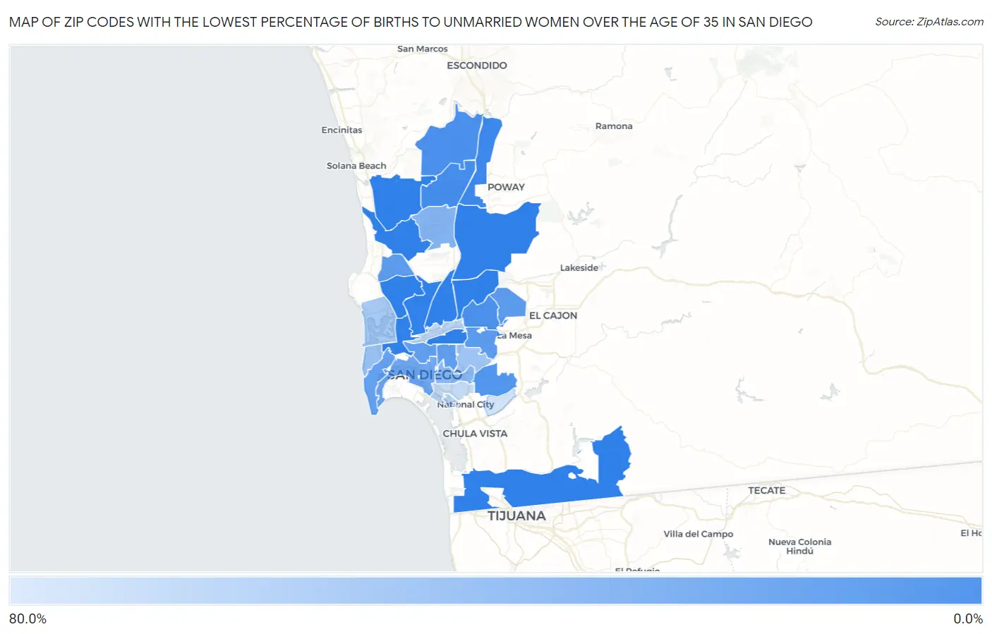 Zip Codes with the Lowest Percentage of Births to Unmarried Women over the Age of 35 in San Diego Map