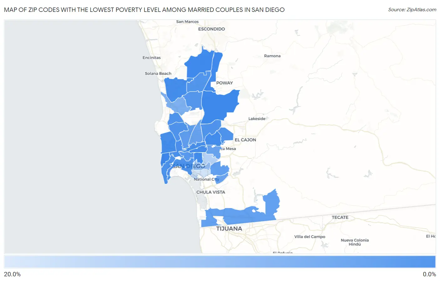 Zip Codes with the Lowest Poverty Level Among Married Couples in San Diego Map