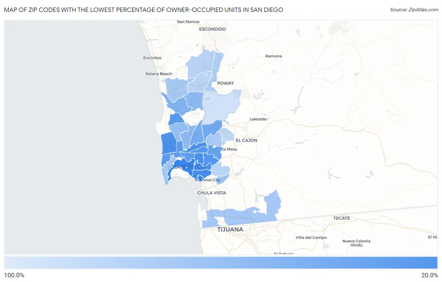 Zip Codes with the Lowest Percentage of Owner-Occupied Units in San Diego Map