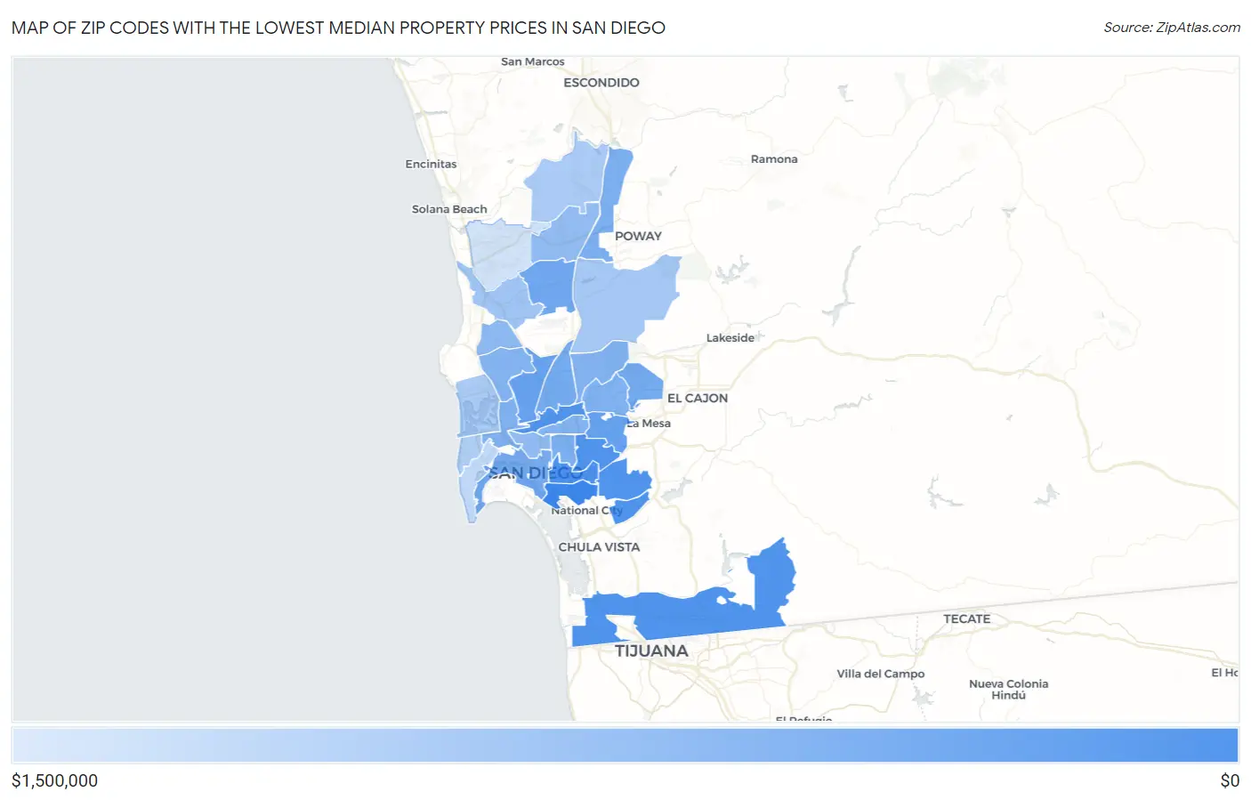 Zip Codes with the Lowest Median Property Prices in San Diego Map