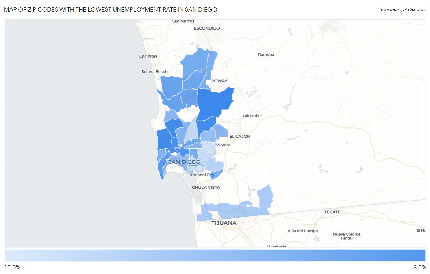 Zip Codes with the Lowest Unemployment Rate in San Diego Map