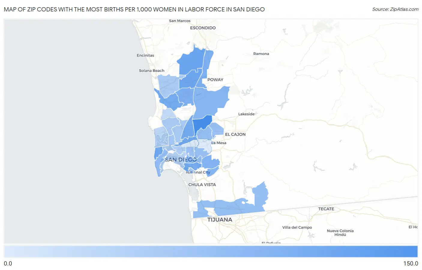 Zip Codes with the Most Births per 1,000 Women in Labor Force in San Diego Map