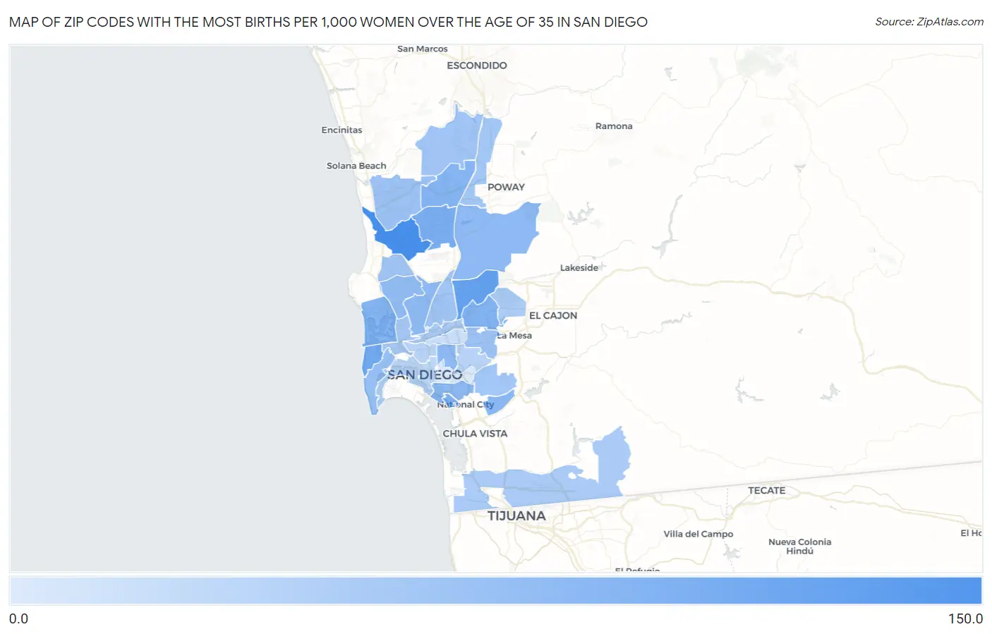 Zip Codes with the Most Births per 1,000 Women Over the Age of 35 in San Diego Map
