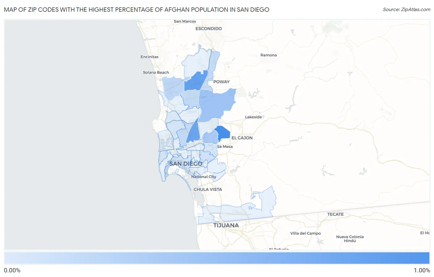Zip Codes with the Highest Percentage of Afghan Population in San Diego Map