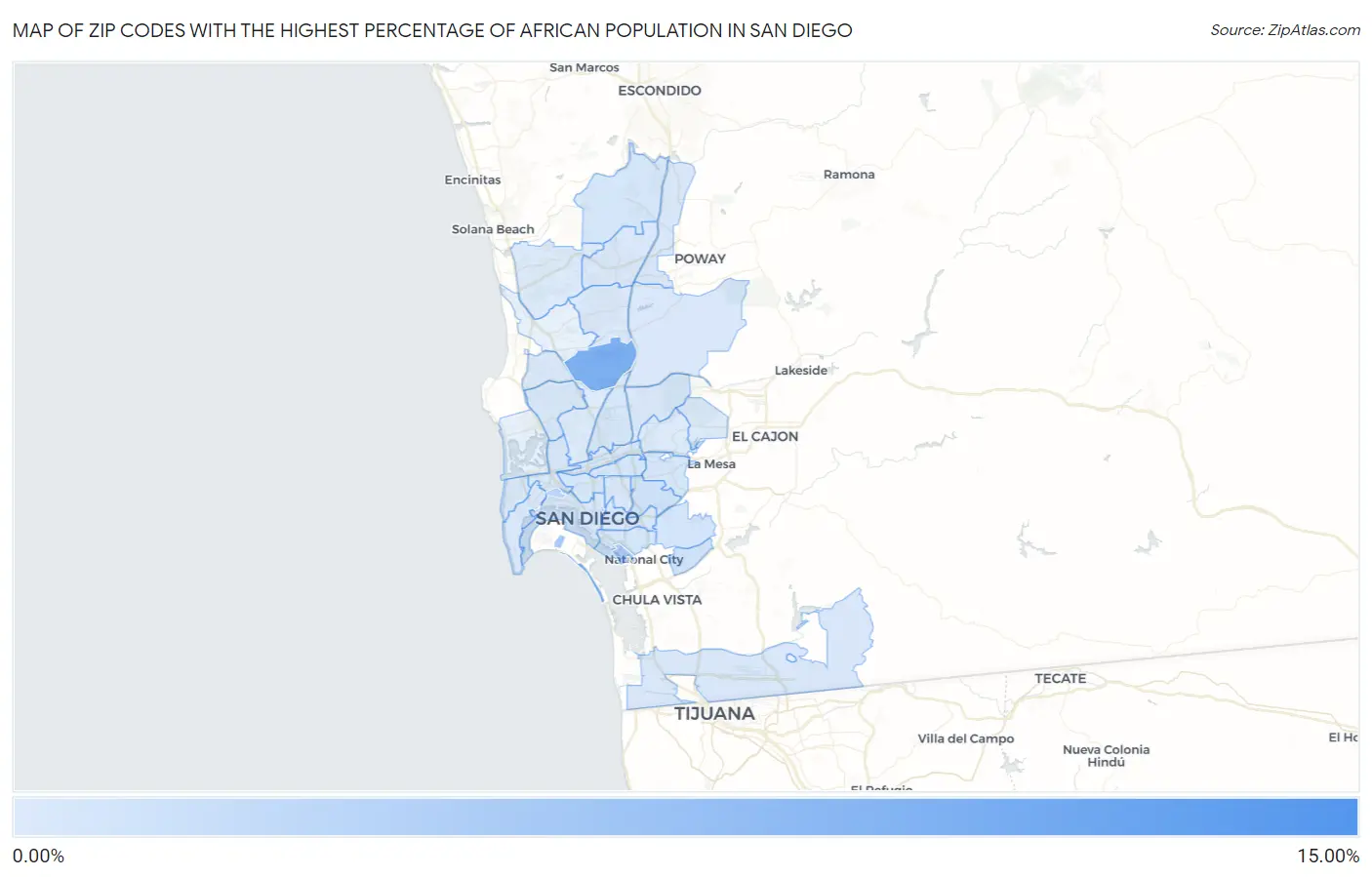 Zip Codes with the Highest Percentage of African Population in San Diego Map