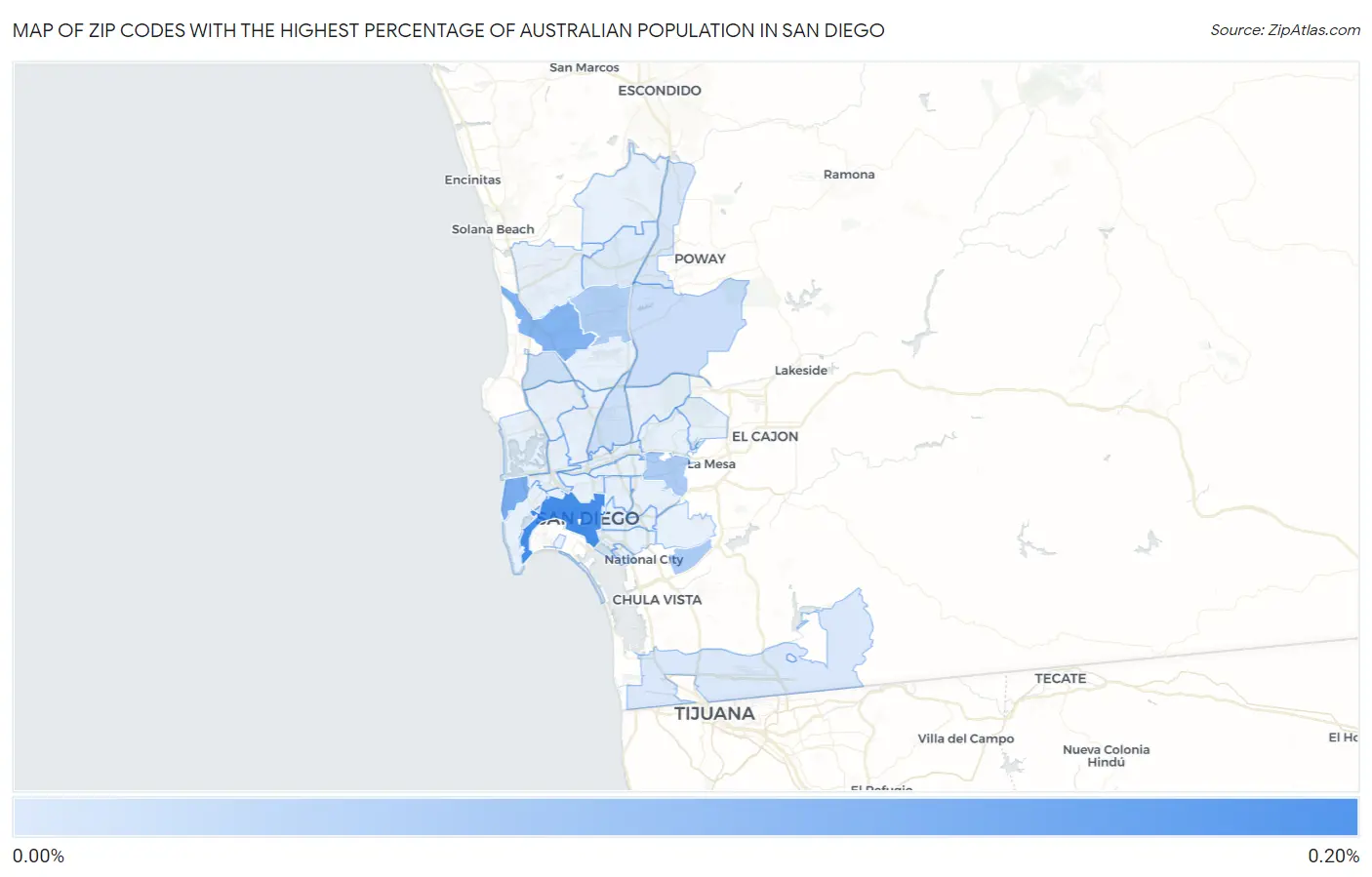 Zip Codes with the Highest Percentage of Australian Population in San Diego Map