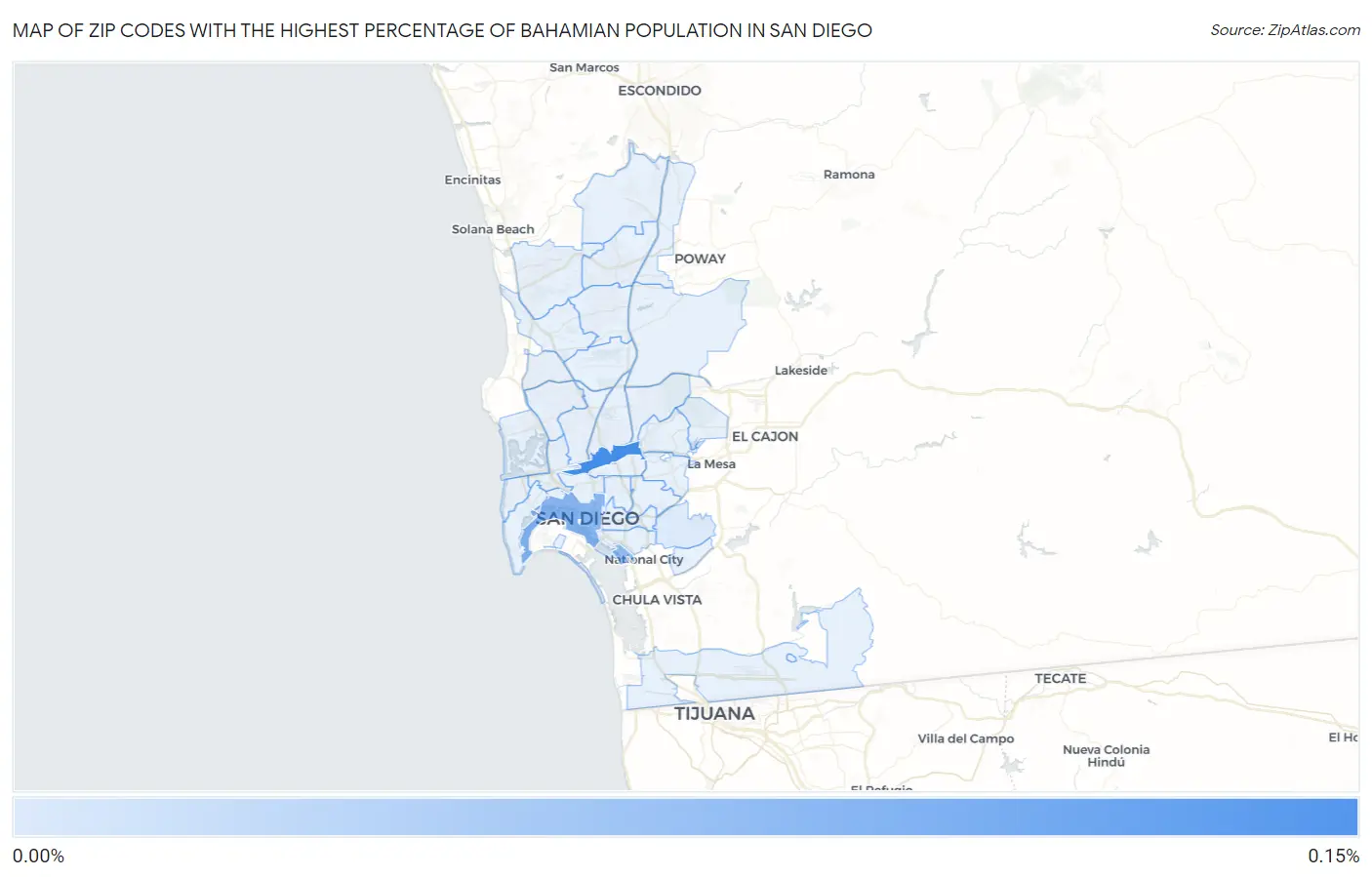 Zip Codes with the Highest Percentage of Bahamian Population in San Diego Map