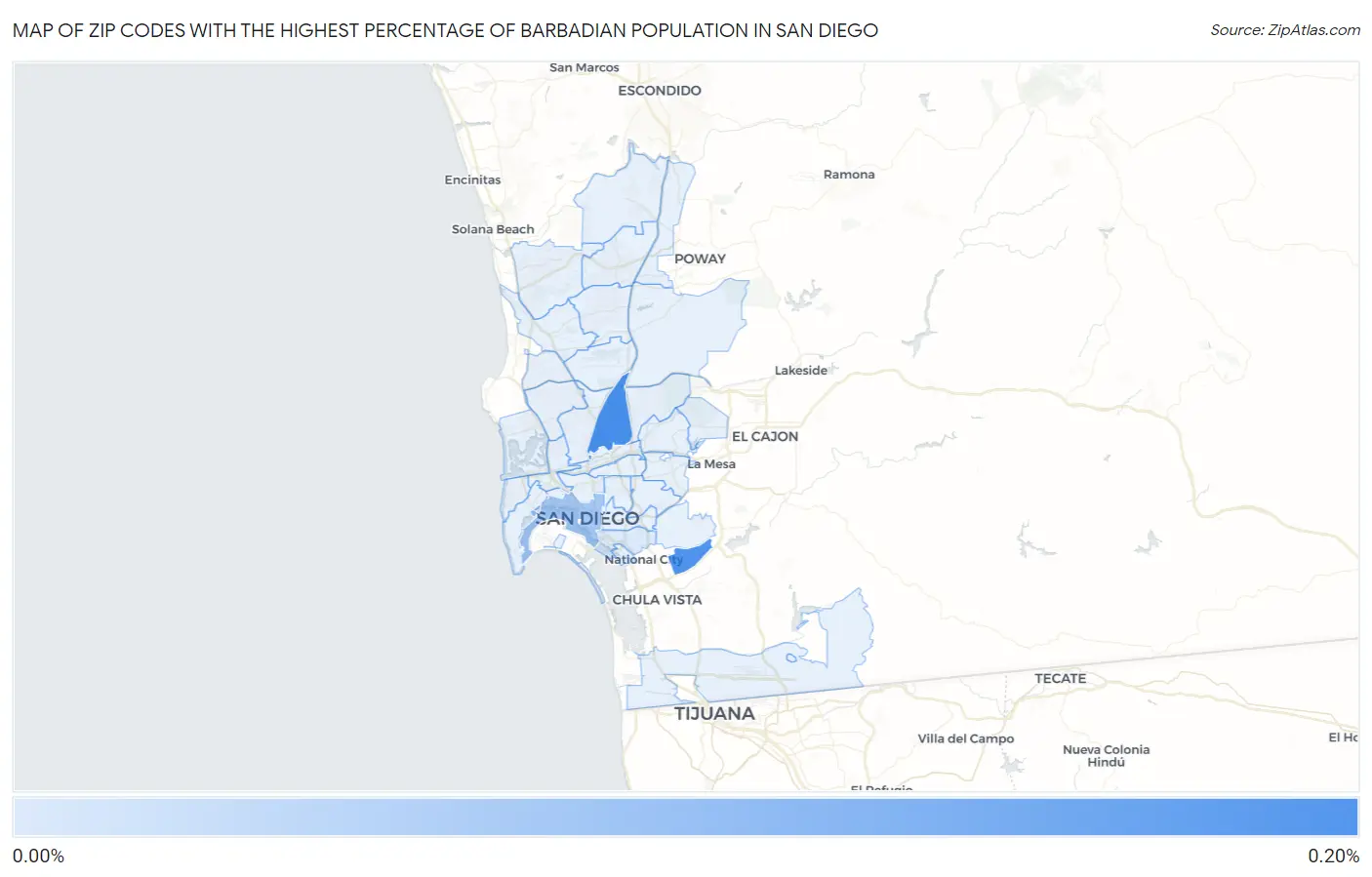 Zip Codes with the Highest Percentage of Barbadian Population in San Diego Map