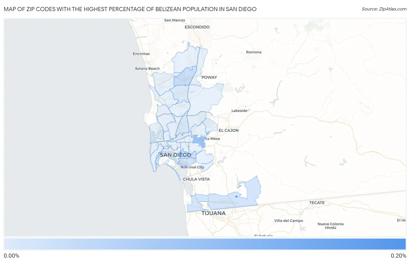 Zip Codes with the Highest Percentage of Belizean Population in San Diego Map