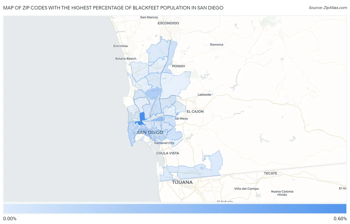 Zip Codes with the Highest Percentage of Blackfeet Population in San Diego Map